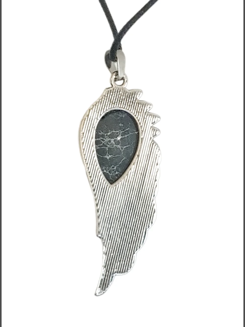 Elegant Silver Wing Natural Stone Pendant w/ Cord Necklace NWOT